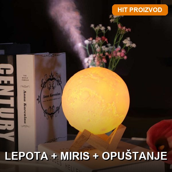 3d-mesec-lampa-aroma-difuzer-glavna-slika 3D mesec lampa aroma difuzer na belom postolju sa toplim mesečevim sjajem