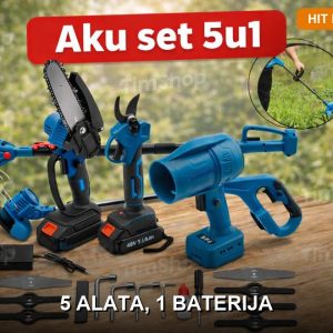 Aku baštenski set 5u1 – makaze, testera, trimer, duvač i teleskopski nastavak sa punjivom baterijom