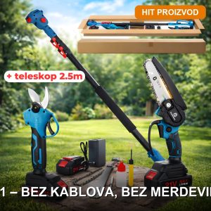 Aku baštenski set 3u1 – lančana testera, makaze i teleskopska drška sa dve baterije 88V