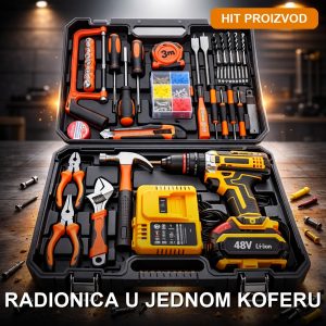 Aku bušilica sa setom alata u koferu — 24V, dve baterije i kompletan alat na jednom mestu