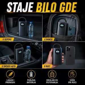 LCD displej aku pumpe za gume — prikaz pritiska i automatsko isključivanje po dostizanju zadatog pritiska