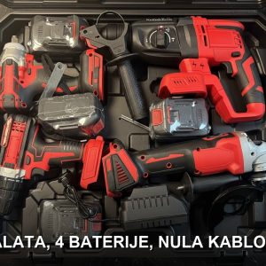 Aku set 4u1 bušilica brusilica udarni odvijač sa 4 punjive baterije — crveni
