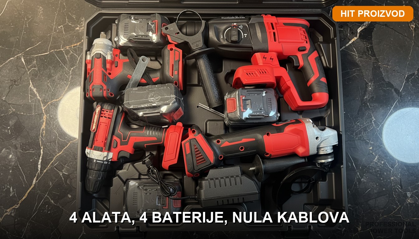 Aku Set 4u1 — Bušilica, Brusilica, Odvijač + 4 Baterije Aku set 4u1 bušilica brusilica udarni odvijač sa 4 punjive baterije — crveni