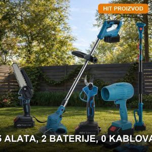 Aku set 5u1 za dvorište — makaze, testera, trimer, duvač i teleskop sa 2 baterije