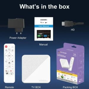H96 MAX TV Box sa prikupljenim priključcima i daljinom za upravljanje