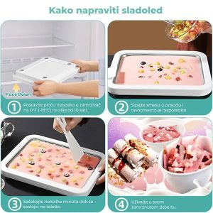 Gotove rolnice sladoleda napravljene špatulicom na hladnoj površini aparata
