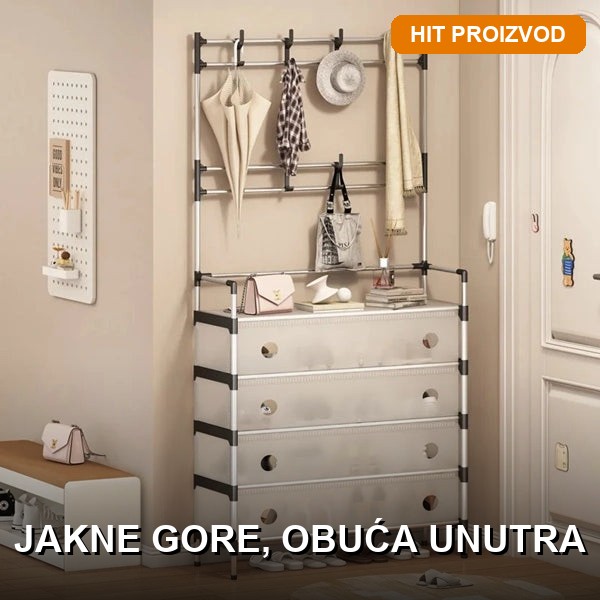 Čiviluk sa fiokama 2u1 za hodnik Čiviluk sa fiokama 2u1 — polica za hodnik sa kačenjem jakni i zatvorenim fiokama za obuću