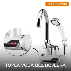 Delimano slavina na zid sa tušem — električna slavina sa grejačem 3kW i displejom temperature, bela