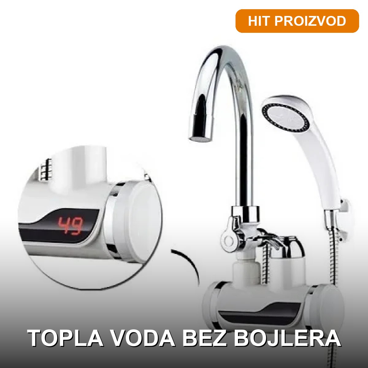 Delimano Slavina na Zid sa Tušem 3kW Delimano slavina na zid sa tušem — električna slavina sa grejačem 3kW i displejom temperature, bela