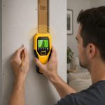 LCD ekran detektora instalacija – jasno prikazuje poziciju kablova i greda u zidu