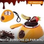 Električni aparat za čokoladne bombone sa rastopljenom čokoladom i gotovim pralinima na stolu