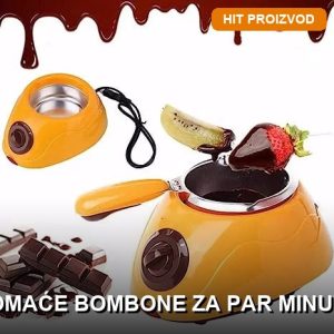 Električni aparat za čokoladne bombone sa rastopljenom čokoladom i gotovim pralinima na stolu