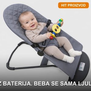LullyBebe ergonomska njihalica za bebe na kojoj sedi smirena beba