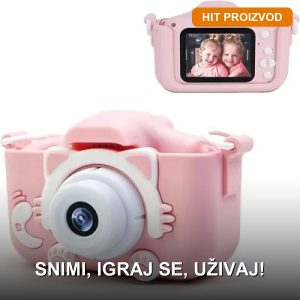 Fotoaparat za decu roze boje sa ušima i silikonskom zaštitnom maskom