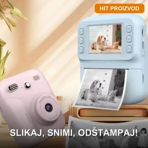 Fotoaparat za decu sa štampačem slika A26 u roze boji na beloj podlozi