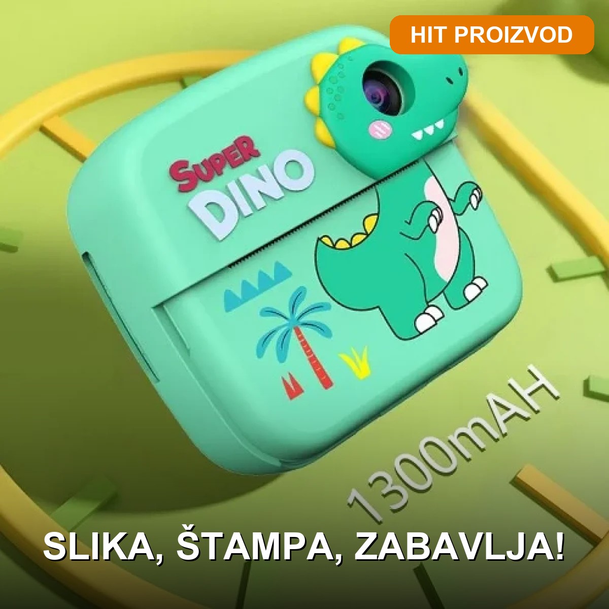 Fotoaparat za decu sa štampačem Dinosaurus Fotoaparat za decu sa štampačem u dinosaurus dizajnu — prednji prikaz sa zelenom silikonskom maskom