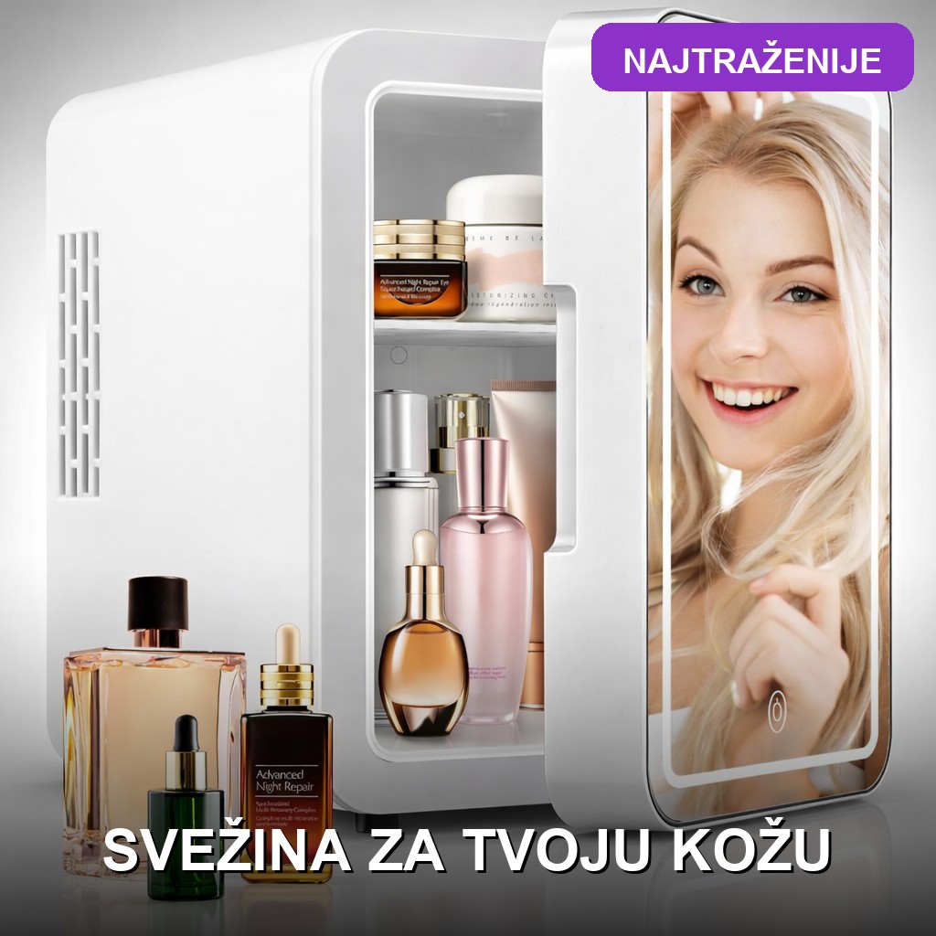Frižider za kozmetiku sa LED ogledalom — 4L mini beauty fridge Frižider za kozmetiku sa LED ogledalom i kozmetičkim proizvodima unutra na stolu