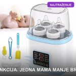 Grejač bebi flašica i sterilizator 8u1 sa flašicom u nosaču na beloj podlozi