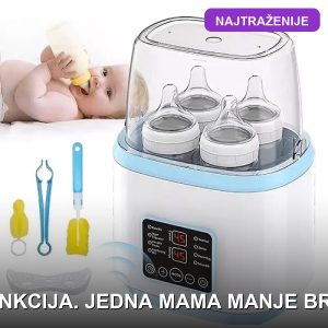 Grejač bebi flašica i sterilizator 8u1 sa flašicom u nosaču na beloj podlozi