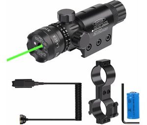Laserski scope sa prikazom načina montaže i kontrolnih dugmadi za nišan