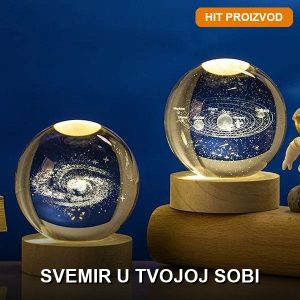LED sfera kristalna kugla Lumaball sa projekcijom svemirskih paterna na tamnoj pozadini