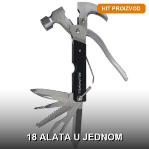 Multifunkcionalni čekić 18 u 1 — kompletan alat rasklopljen sa svim funkcijama vidljivim