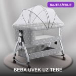 Next to me krevetac i kolevka sa otvorenom stranicom uz roditeljski krevet — aluminijumska konstrukcija sa dušekom i komarnikom