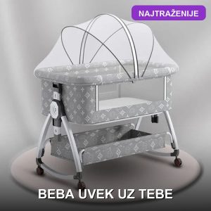 Next to me krevetac i kolevka sa otvorenom stranicom uz roditeljski krevet — aluminijumska konstrukcija sa dušekom i komarnikom