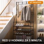 Organizer za hodnik 3-u-1 — čelični stalak za odeću, cipele i akcesoare na beloj pozadini
