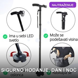 Ortopedski štap sa LED svetlom i 4 tačke oslonca — sklopivi model za starije osobe