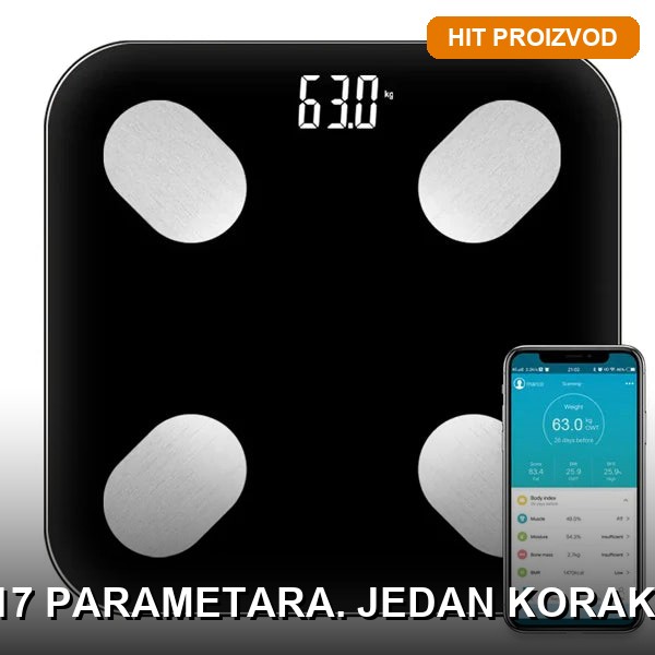 Pametna Bluetooth Vaga – 17 Funkcija Pametna bluetooth vaga sa 17 telesnih parametara na beloj površini