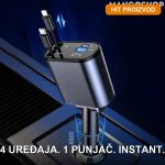 Pametni auto punjač 4u1 sa uvlačivim Type-C i Lightning kablovima i dva USB porta — 60W