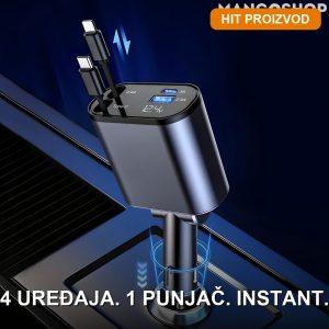 Pametni auto punjač 4u1 sa uvlačivim Type-C i Lightning kablovima i dva USB porta — 60W