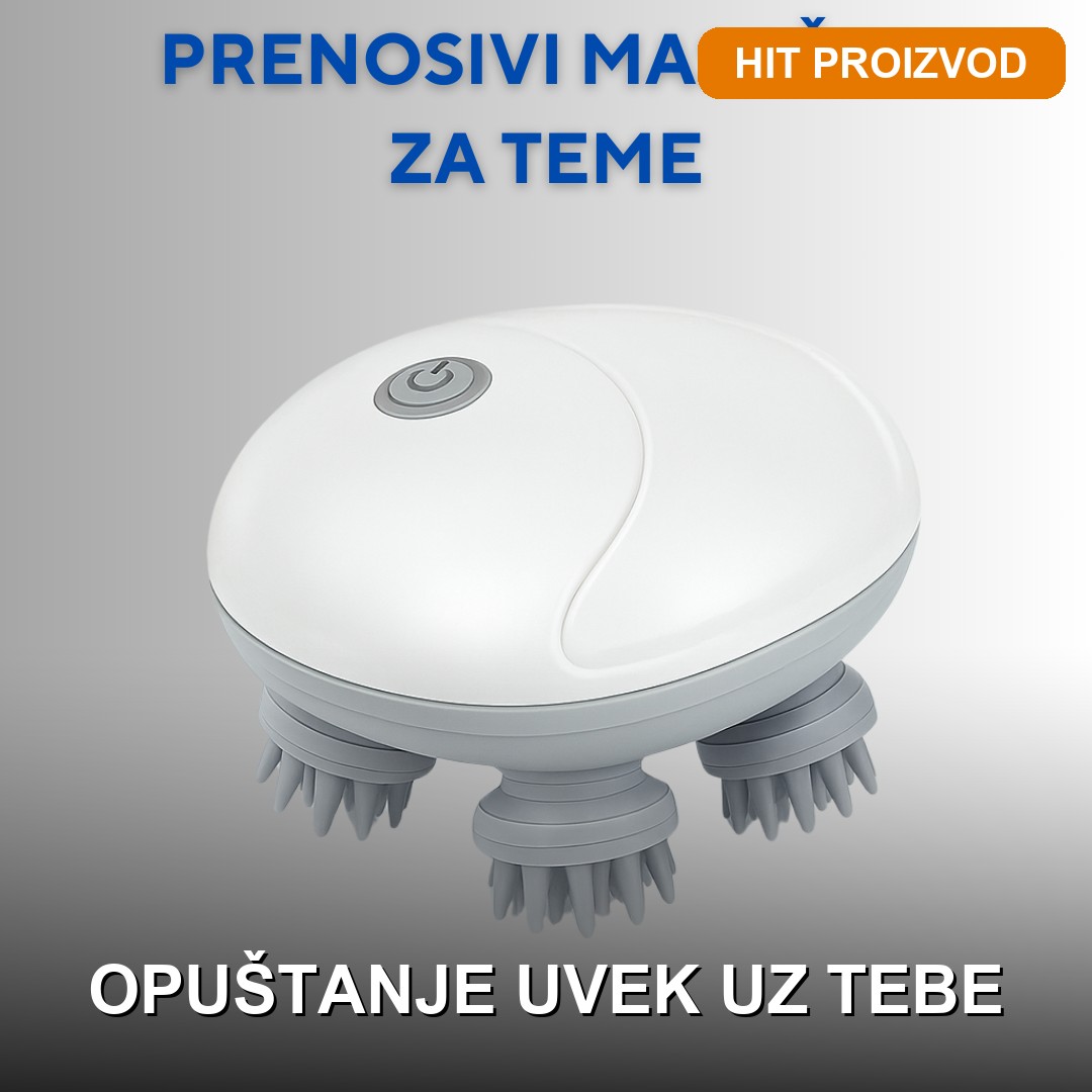 Prenosivi masažer za teme i telo Prenosivi masažer za teme sa silikonskim nastavcima na beloj pozadini