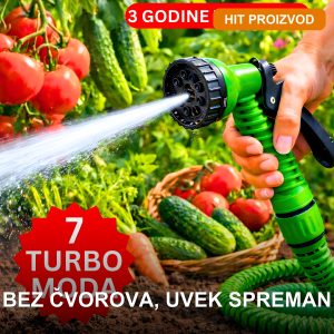 Rastegljivo baštensko crevo 7U1 FLEX Turbo 22,5m sa pištoljem na 7 modova — kompletan set