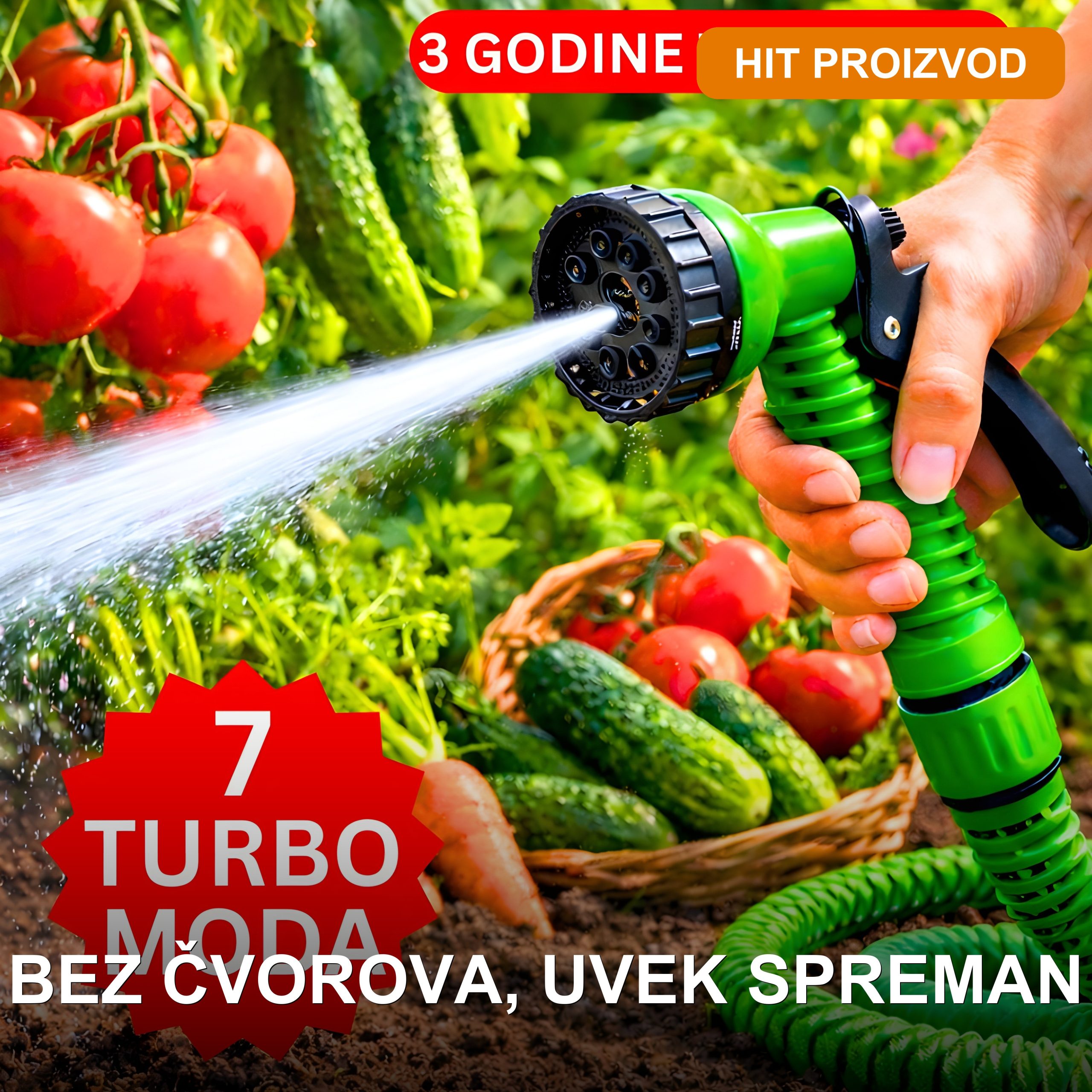 Rastegljivo baštensko crevo FLEX Turbo 22,5m Rastegljivo baštensko crevo 7U1 FLEX Turbo 22,5m sa pištoljem na 7 modova — kompletan set