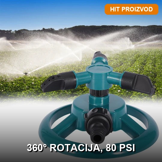 rotaciona-prskalica-za-bastu-360-glavna Automatska rotaciona prskalica za baštu sa 360° rotacijom u radu na travnjaku