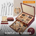 Set pribora za jelo 72 dela od nerđajućeg čelika – escajg za 12 osoba raspoređen na beloj podlozi