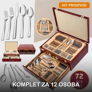 Set pribora za jelo 72 dela od nerđajućeg čelika – escajg za 12 osoba raspoređen na beloj podlozi