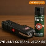 Set za samoodbranu — elektrošoker sa futrolom i biber sprej na beloj podlozi