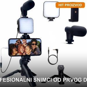 4 u 1 set za vlogovanje sa shotgun mikrofonom, LED lampom i stativom na beloj podlozi