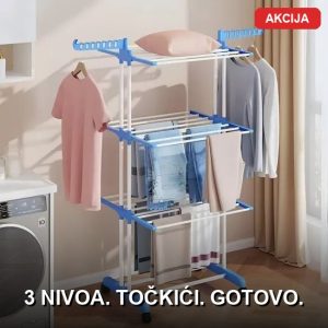 Sklopivi stalak za sušenje veša na 3 nivoa sa točkićima – metalna konstrukcija za stan i balkon