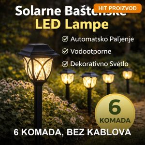 Solarne baštenske LED lampe – set od 6 komada zabodenih uz baštensku stazu u sumrak