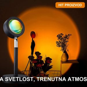Sunset lampa koja projektuje toplu crvenu svetlost na zid spavaće sobe