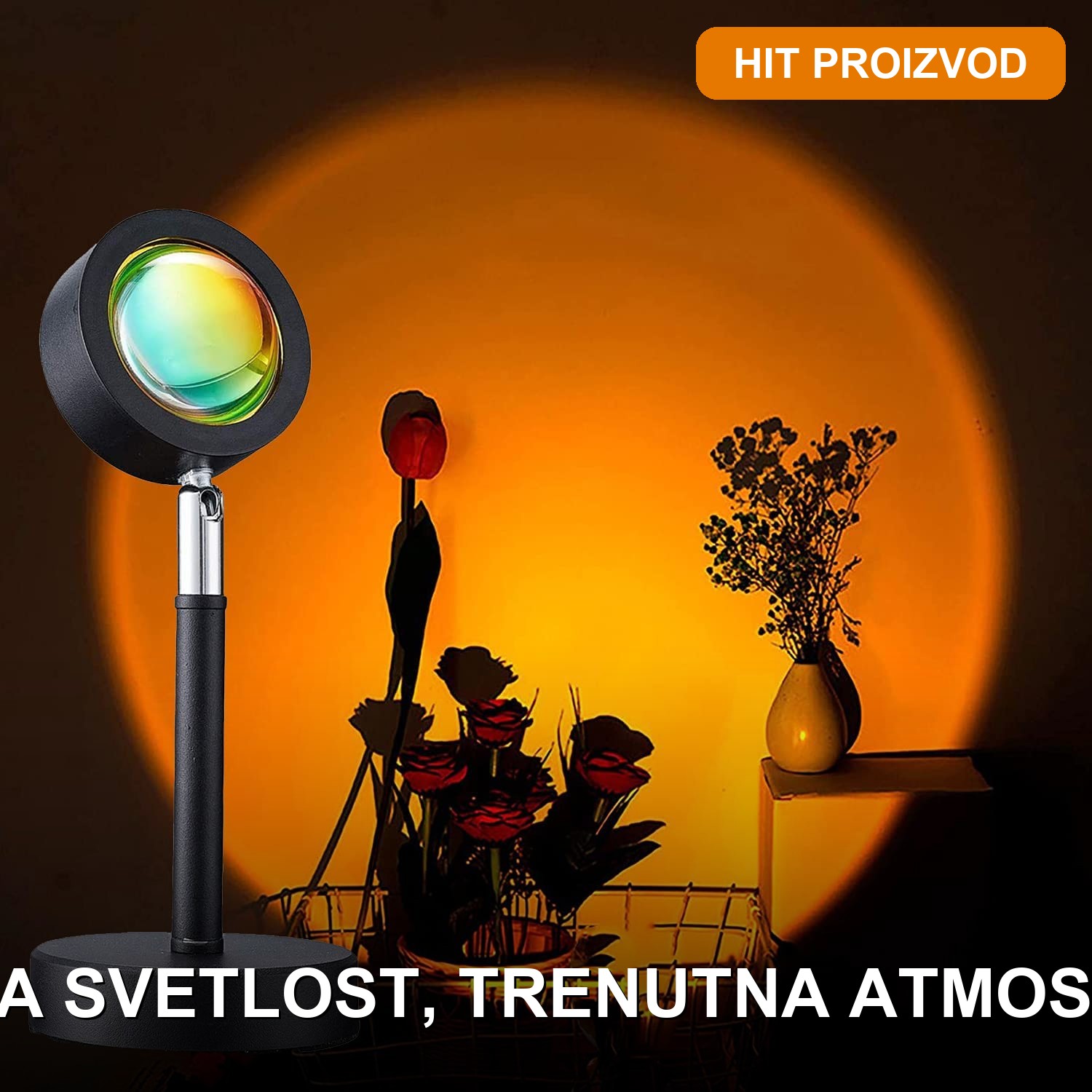 Sunset LED Lampa — Projektor Zalaska Sunca Sunset lampa koja projektuje toplu crvenu svetlost na zid spavaće sobe