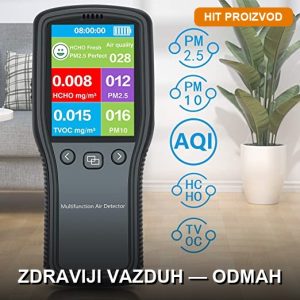 Tester kvaliteta vazduha koji meri PM2.5, PM10, AQI, HCHO i TVOC — prikaz prednje strane uređaja sa ekranom