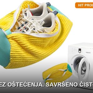 Vreća za pranje obuće sa patikama unutra, zatvorena i spremna za veš mašinu