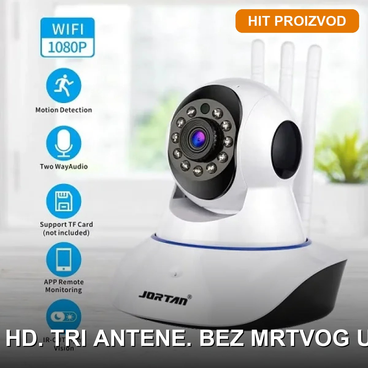 WiFi Kamera Rotirajuća Glava Tri Antene Full HD WiFi kamera sa rotirajućom glavom i tri antene – Full HD 1080p nadzor za dom