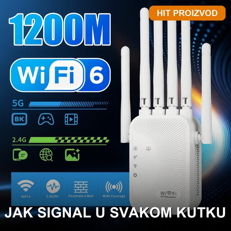 WiFi Pojačivač Wi-Fi 6 Dual-Band 6 Antena WiFi pojačivač Wi-Fi 6 dual-band sa 6 antena za jak signal u celom stanu