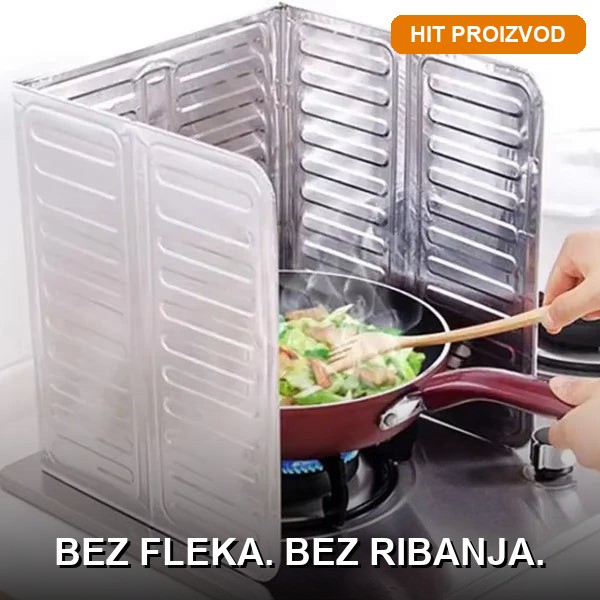 Zaštita od prskanja ulja – Aluminijum 84x32 cm Aluminijumska zaštita od prskanja ulja postavljena uz šporet tokom kuvanja